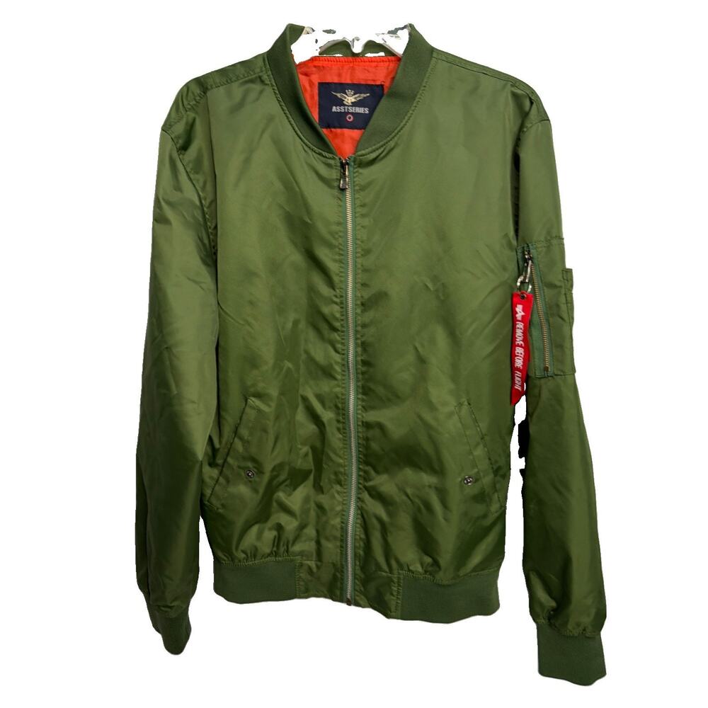ASSTSERIES Mens Olive Green MA-1 Bomber Flight Jacket Orange Lining L